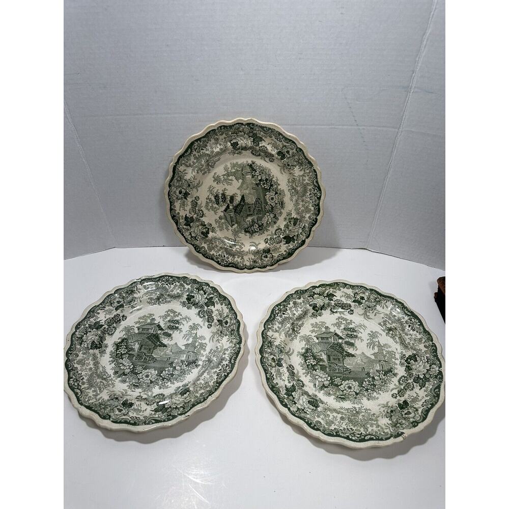 Lot 3 Swiss Scenery Opaque china Antique‎ Staffordshire Green Transferware READ